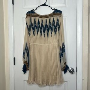 Thrifted 70s Cream and Blue Geometric Dress